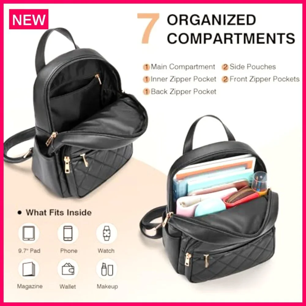 Vegan Leather Mini Backpack - Lightweight Daypack with Multiple Pockets - Picture 5 of 7